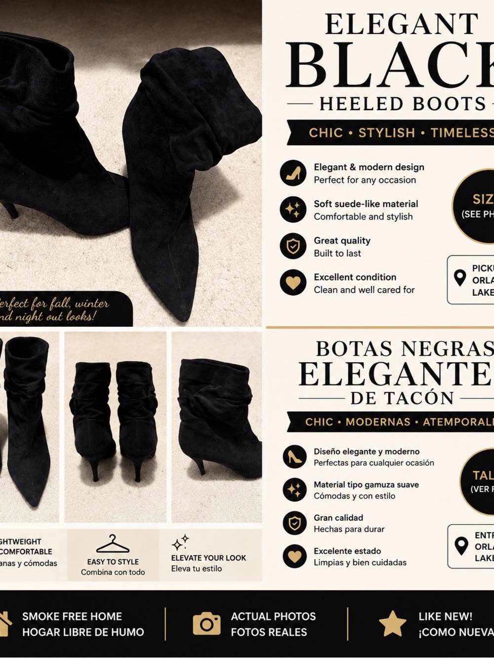 Elegant Black Suede Heeled Boots - Women's Stylish Slouch Booties